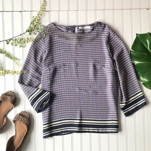 Printed blouse top navy blue cream lightweight